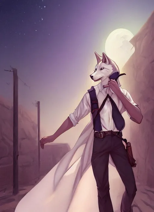 Image similar to beautiful portrait commission of a male furry anthro wolf wearing a white dress shirt with suspenders in an old-timey desert town. Atmospheric. Character design by charlie bowater, ross tran, artgerm, and makoto shinkai, detailed, inked, western comic book art