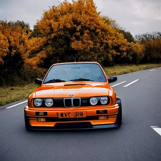 Image similar to orange bmw e 3 0 m 3 floating in space