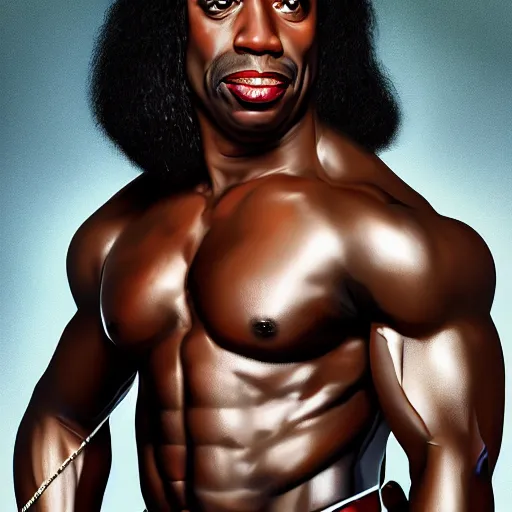 Prompt: Rick james with the physique of a body builder, hyper realistic, ultra detailed, cinematic, dynamic lighting, refined, intricate, digital painting, masterpiece, 8k