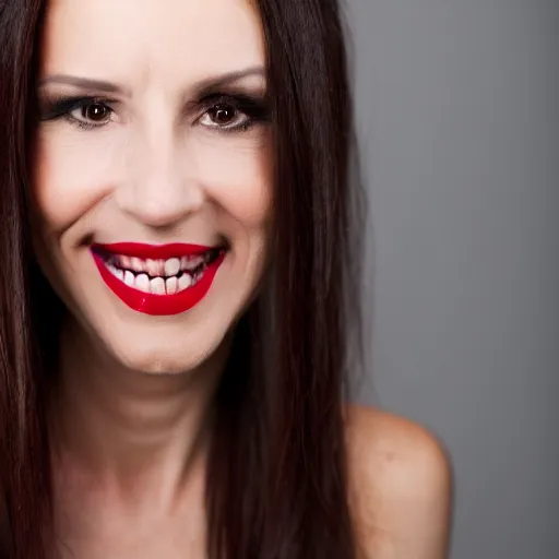 Prompt: professional headshot of an elegant female vampire in her 4 0 s smiling confidently at the camera. she has long vampire fangs, and thick blood dripping down her chin. high resolution, nikon camera 8 k