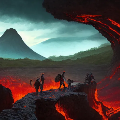 Image similar to A group of adventurers traversing a fantastical landscape, crossing a rickety bridge over a river of lava, with a active volcano in the background, by Tyler Jeffers and Tait Howard and Greg Rutkowski, top-rated, award winning, neon, sharp, no blur, details, artstation, 8K