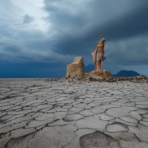 Image similar to a barren beach made from deep blue sand scattered with towering marble statues of woman in varying states of ruin, in the distance a mountain reaches towards a turbulent sky, cinematic composition, realistic, masterpiece w- 1280