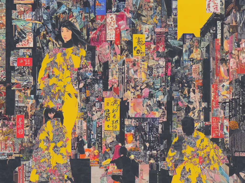 Image similar to maximalist paper collage art of a woman walking through a tokyo shopping district at sunset