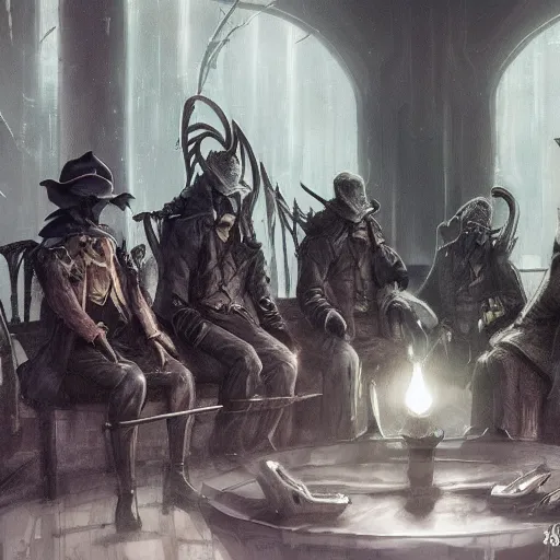 Image similar to a group of hunter from bloodborne sitting next to each other in a room, concept art by yoshiyuki tomino, behance contest winner, retrofuturism, toonami, redshift, official art