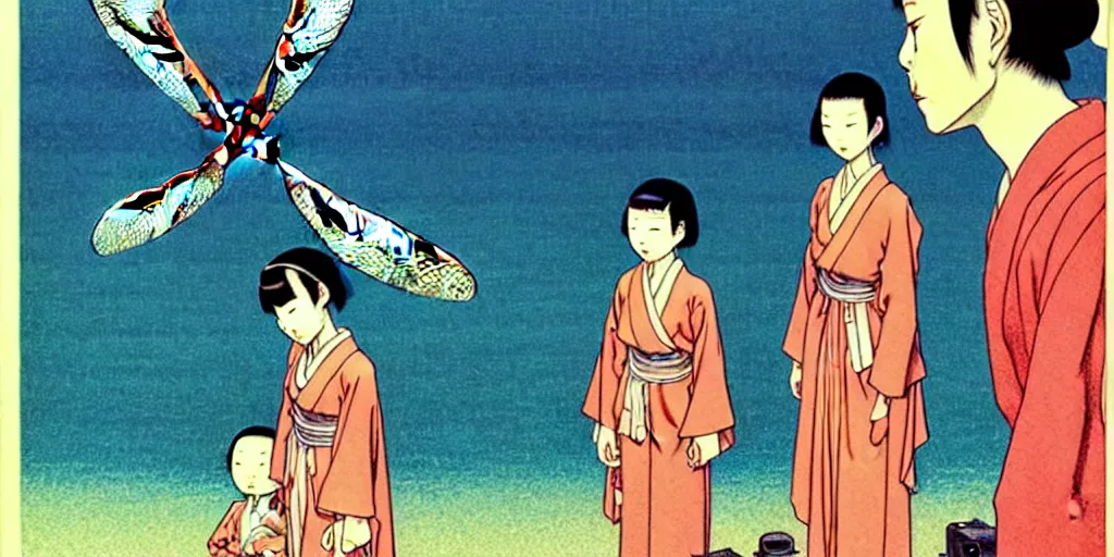 Image similar to gigantic dragonflies with human faces catch tiny robots, a lot of exotic mechas robots around, human heads everywhere, risograph by kawase hasui, edward hopper, satoshi kon and moebius, no text!, colorful flat surreal design, super - detailed, a lot of tiny details, fullshot