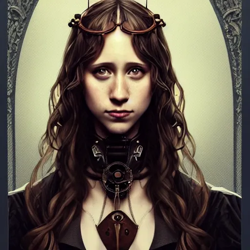 Prompt: in the style of pedro campos, artgerm, beautiful taissa farmiga, steampunk, elegant pose, middle shot waist up, symmetrical face symmetrical eyes, cinematic lighting, detailed realistic eyes, short neck, insanely detailed and intricate elegant