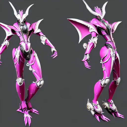 Prompt: highly detailed realistic exquisite fanart, of a beautiful female warframe, but as an anthropomorphic elegant robot female dragon, glowing eyes, shiny and smooth off-white plated armor, bright Fuchsia skin beneath the armor, sharp claws, well designed robot dragon four fingered hands, and sharp elegant robot dragon three clawed feet, royal elegant pose, full body and head shot, epic cinematic shot, professional digital art, high end digital art, DeviantArt, artstation, Furaffinity, 8k HD render, epic lighting, depth of field