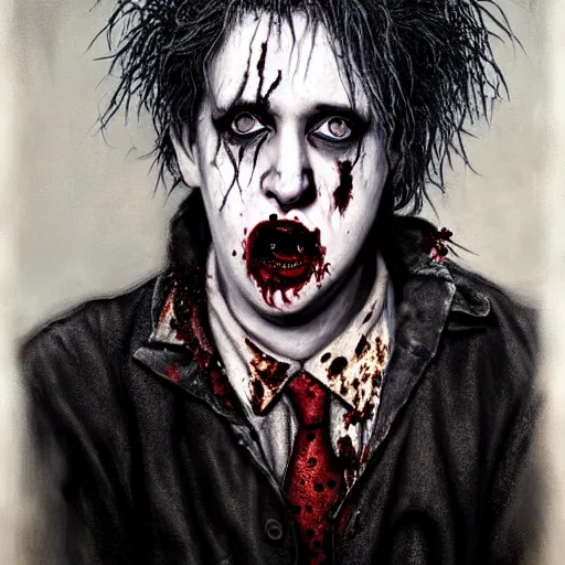 Image similar to young robert smith as a zombie wearing polka dot shirt, 7 days to die zombie, fine art, award winning, intricate, elegant, sharp focus, cinematic lighting, highly detailed, digital painting, 8 k concept art, art by z. w. gu, art by brom, art by michael hussar, masterpiece, 8 k