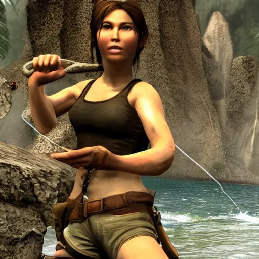 Prompt: lara croft fishes and she laughs because she got shoes