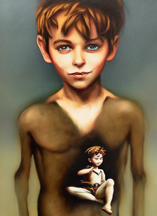 Prompt: lifelike oil painting portrait of peter pan by banksy