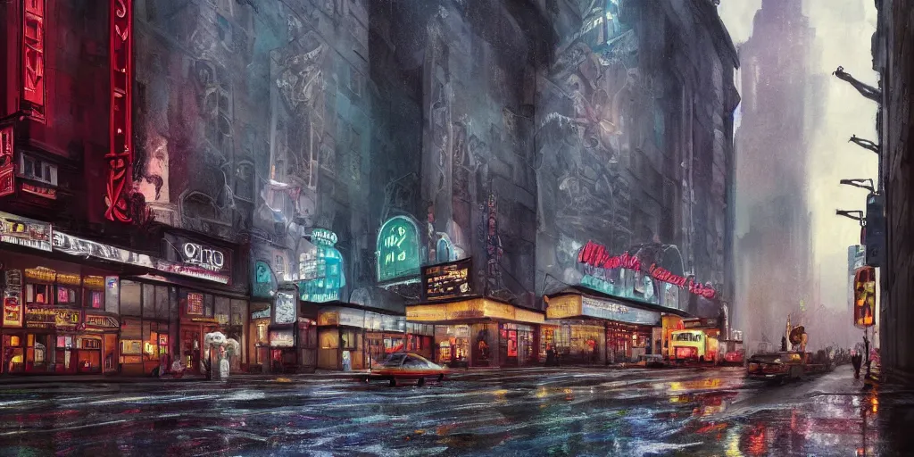 Prompt: an old cinema, new york, rainy day, matte painting, studio ghibli, artstation