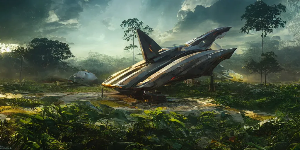 Prompt: a futuristic rusty old spaceship, on a landing pad, surrounded by a lush jungle, , golden hour, sun beams, volumetric light, hyperdetailed, artstation, cgsociety, 8k