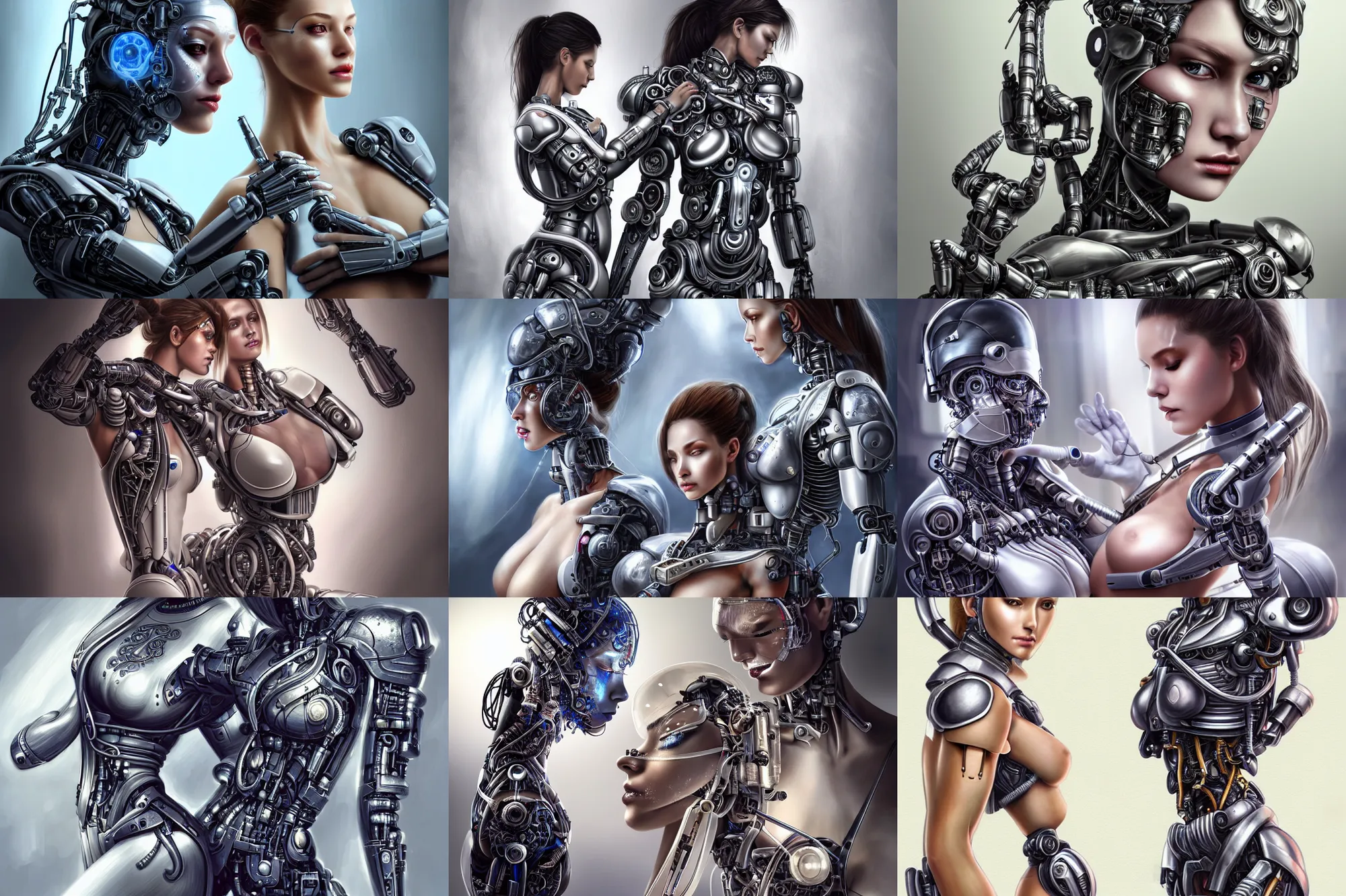 Prompt: Ultra realistic illustration, incredibly beautiful and alluring, damaged cyborg warrior priestess being repaired by a beautiful medical nurse cyborg, feminine figure, smooth skin, gorgeous, pretty face, beautiful symmetrical fashion model body, set in a futuristic Japanese Military medical bay, D&D, fantasy, intricate, elegant, highly detailed, digital painting, concept art, smooth, sharp focus, illustration, art by Yuumei and Yanjun Cheng and artgerm and Masamune Shirow and greg rutkowski and alphonse mucha and KyuYong Eom and WLOP, set in post apocalyptic Tokyo, overgrown plants, dapped light, large draped cloth, tissue ornament, dark fantasy, hyper realistic, digital illustration, trending on artstation