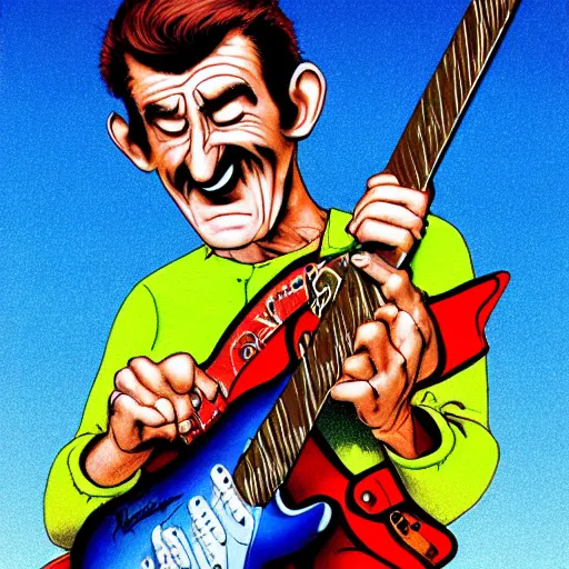 Image similar to Barry Chuckle Shredding on an electric guitar in the style of Jason Edmiston and Gary Panter