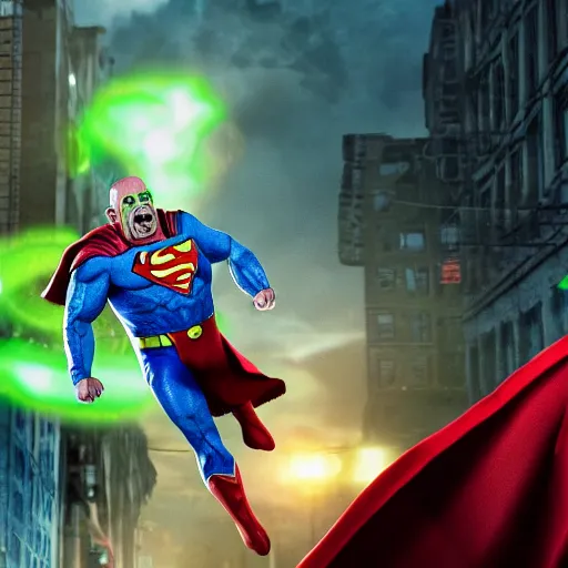 Image similar to pickle rick as superman! flying in ( gears of war ), splash art, movie still, detailed face, photorealistic facial features, cinematic lighting, dramatic, octane render, long lens, shallow depth of field, bokeh, anamorphic lens flare, 8 k, hyper detailed, 3 5 mm film grain
