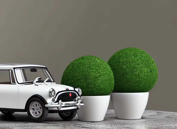 Prompt: a small miniature of a Mini Cooper S 1963 on a white table near a vase with a plant, 3d render, octane render, unreal engine 5, path tracing, serene landscape, calm, relaxing, beautiful landscape, highly detailed, high quality, 4k, symmetrical, low contrast, product photo