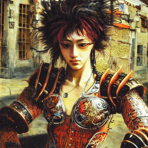 Image similar to 8k Yoshitaka Amano painting of upper body of a young cool looking slim tigress tiger beast-girl at a medieval market at windy day. Depth of field. She is wearing leather armor. Renaissance style lighting