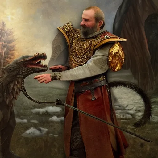 Image similar to Photo of Russian Tsar Nicholas 2 playing with dragon from game of thrones as a pet, photorealism,