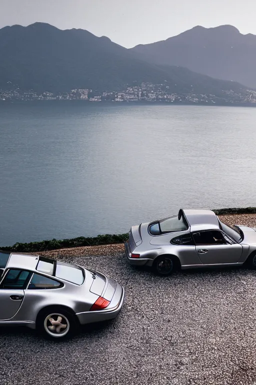 Image similar to Photo of a silver Porsche 911 Carrera 3.2 parked on a dock in Lake Como in the background, daylight, dramatic lighting, award winning, highly detailed, 1980s Versace ad, cinestill 800t, fine art print, best selling.