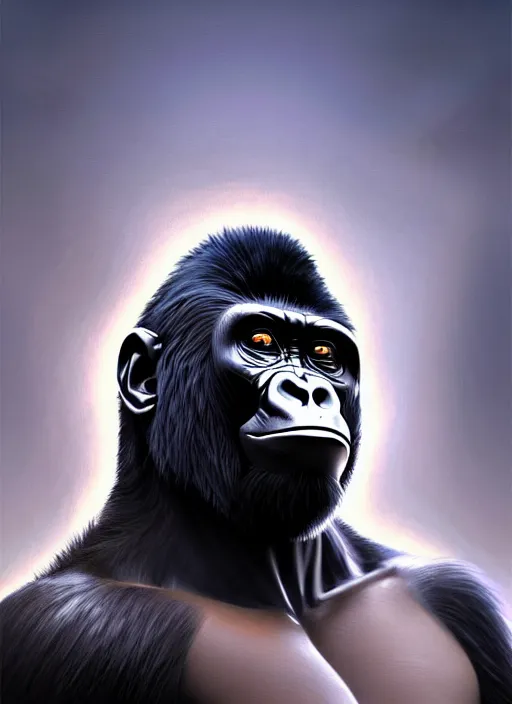 Prompt: frightening gorillas warrior portrait, weapons in hand, art by artgerm, wlop, loish, ilya kuvshinov, tony sandoval. 8 k realistic, hyperdetailed, beautiful lighting, depth of field, symmetrical face