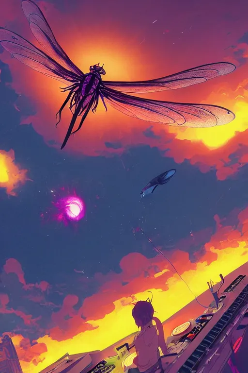 Prompt: the sun is exploding over a giant DJ mixer artwork by Tomer Hanuka Rendering with an giant dragonfly flying over it. full of details, by Makoto Shinkai and thomas kinkade, Matte painting, trending on artstation and unreal engine