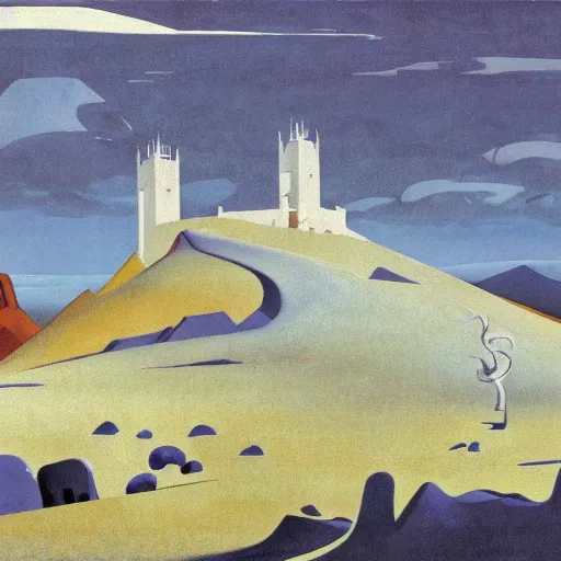 Image similar to an illustration of a white castle in a desertic landscape surrounded by mountain, stylised storm, by nicholas roerich, by frank frazetta by georgia o keeffe by frederick william elwell, by hans emmenegger, by eyvind earle highly detailed, realistic, outline, line work, fantasy, oriental, stylised flat colors, animation