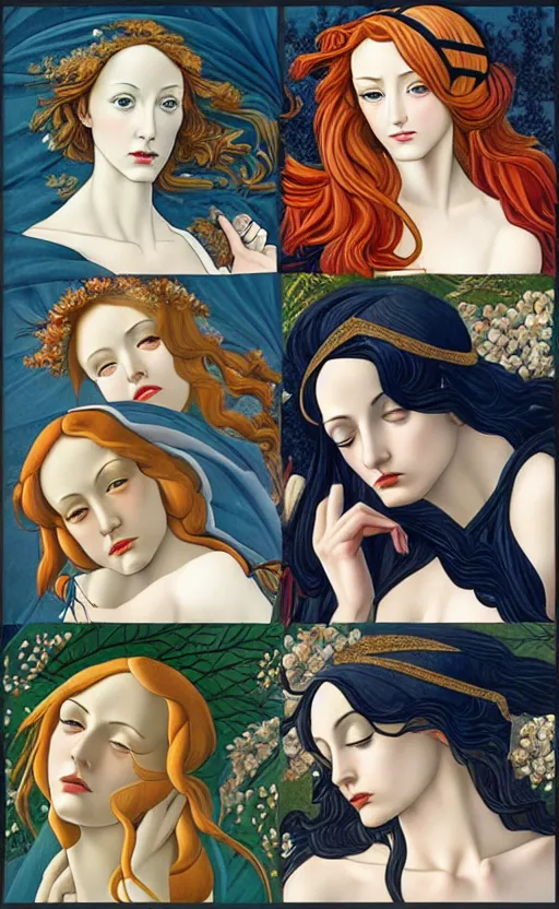 Image similar to the 12 months of the year as figures, (3 are Winter, 3 are Spring, 3 are Summer and 3 are Autumn), in a mixed style of Botticelli and Æon Flux, inspired by pre-raphaelite paintings and shoujo manga, hyper detailed, stunning inking lines, flat colors, 4K photorealistic