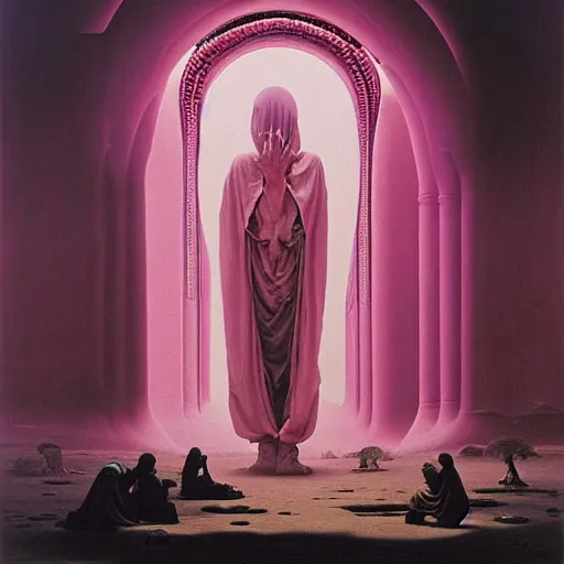 Image similar to african moors in white robes building a steampunk portal near a pink lake by zdislaw beksinski and thomas blackshear and alex grey, oil on canvas, 8k