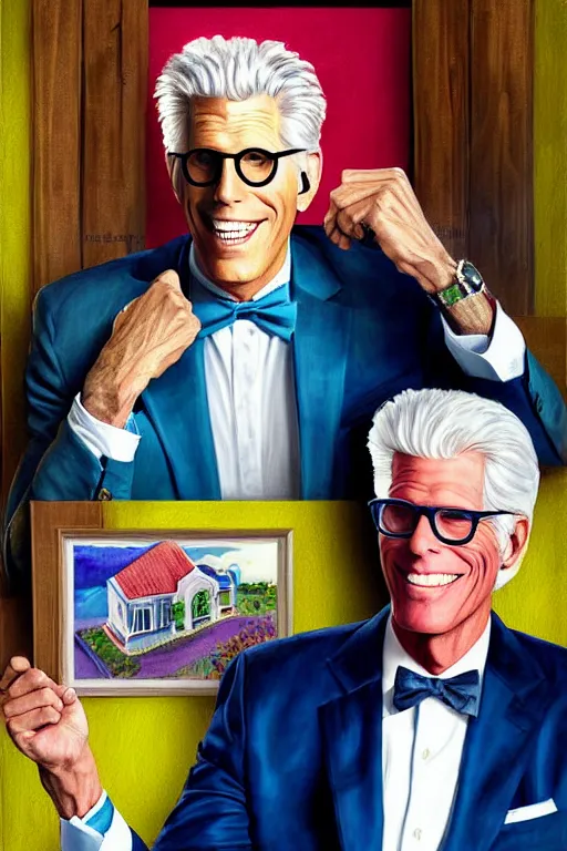 Image similar to a painting of ted danson in the good place, art by diego fazio