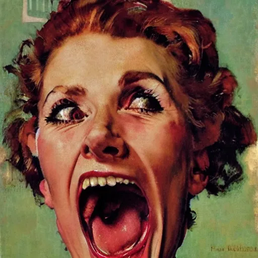 Prompt: head and shoulders portrait of woman, fierce, shouting, snarling, fully clothed, three quarter profile, norman rockwell, jacob collins, tom lovell, frank schoonover