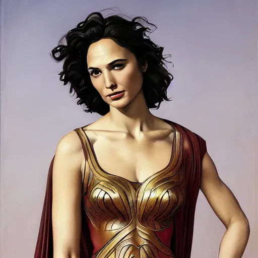 Prompt: Full body oil painting of the beautiful woman Gal Gadot, she is wearing some withe ancient roman cloths and a surreal ornate, her hair is natural disheveled, she is approaching heaven, naturalism, dramatic lighting, high-detailed oil painting by Ilya Repin, Michelangelo da Caravaggio, William Blake, Alex Grey and Beksinski, trending on Artsatio, hystorical painting, masterpiece, 4k, 8k,