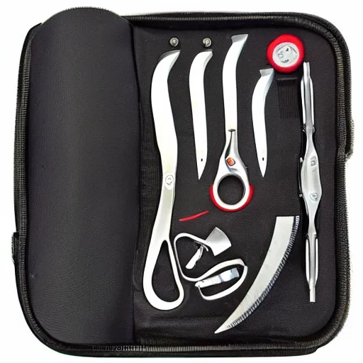 Image similar to typical 0 0 7 torture kit with blades, plyers, dental knives, razors, kit