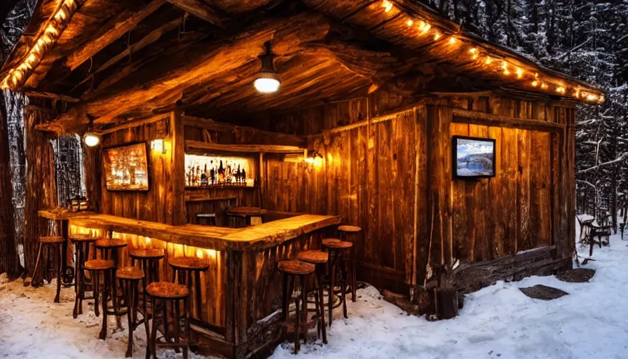 Prompt: empty cozy bar in small shack, rustic, warm, outside winter landscape