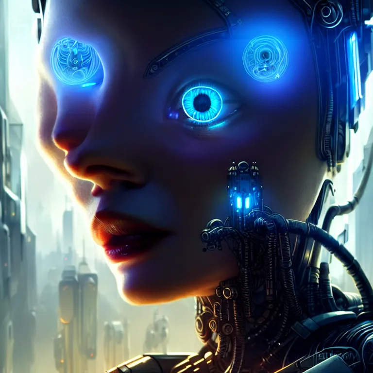 Prompt: ultra realistic beautiful cyborg deity eyes closed, scifi, cyberpunk, fantasy, intricate details, movie still, highly detailed, photorealistic, octane render, eerie, 8k, art by artgerm and michael welan and greg rutkowski