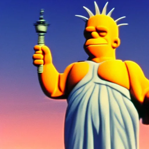 Prompt: planet of the apes, statue of liberty but it's homer simpson cinematic realistic 3 5 mm
