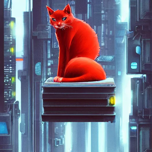 Image similar to a red cat sitting on steel beam high above the ground, cyberpunk, bladerunner, futuristic, studio ghibli, anime, smooth, trending on artstation