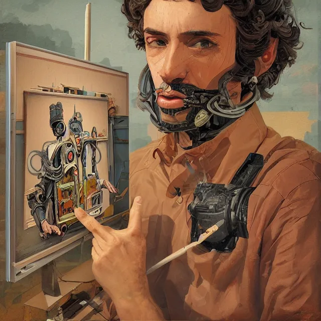 Image similar to robot artist painting a self - portrait on a canvas. intricate, highly detailed, digital matte painting, in the style of alexandros pyromallis, and in the style of sachin teng, and in the style of hans thoma, and in the style of mort kunstler. irony, recursion, inspiration.