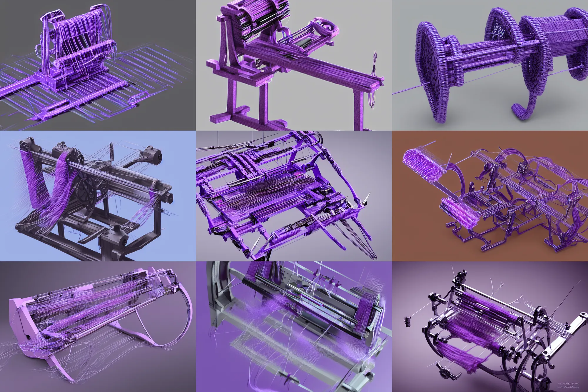 Prompt: a tiny futuristic loom machine that weaves purple threads. aesthetic, intricate, elegant, 8K, concept art, highly detailed, hyper-realistic, polished, artstation