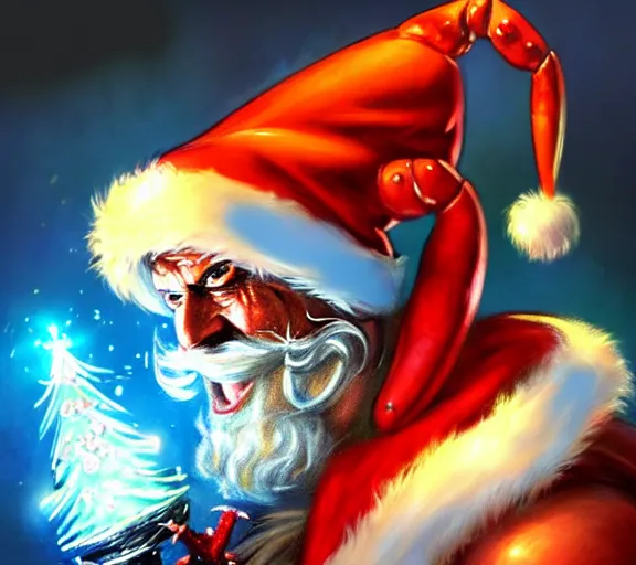 Image similar to magic : the gathering fantasy character concept art of anthropomorphic lobster wearing a christmas hat, by franz frazetta and marco bucci, high resolution. a clear portrait of powerful lobster impersonating santa, magical christmas wonderland in background, fantasy coloring, intricate, digital painting, artstation, smooth, sharp focus
