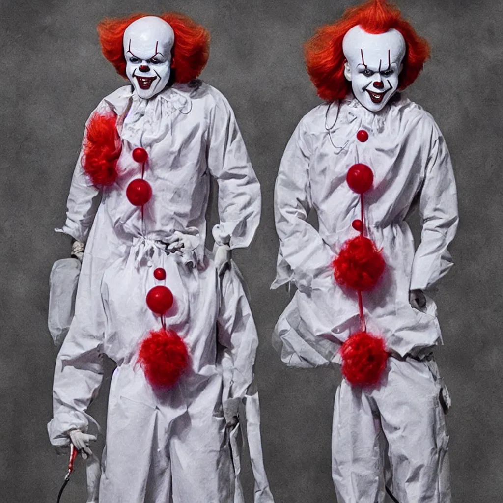 Image similar to a full body photograph of pennywise dressed as a doctor at a hospital
