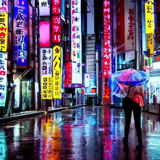 Prompt: translucent umbrella with rain drops flowing down, tokyo at night, raining, neon signs, photography
