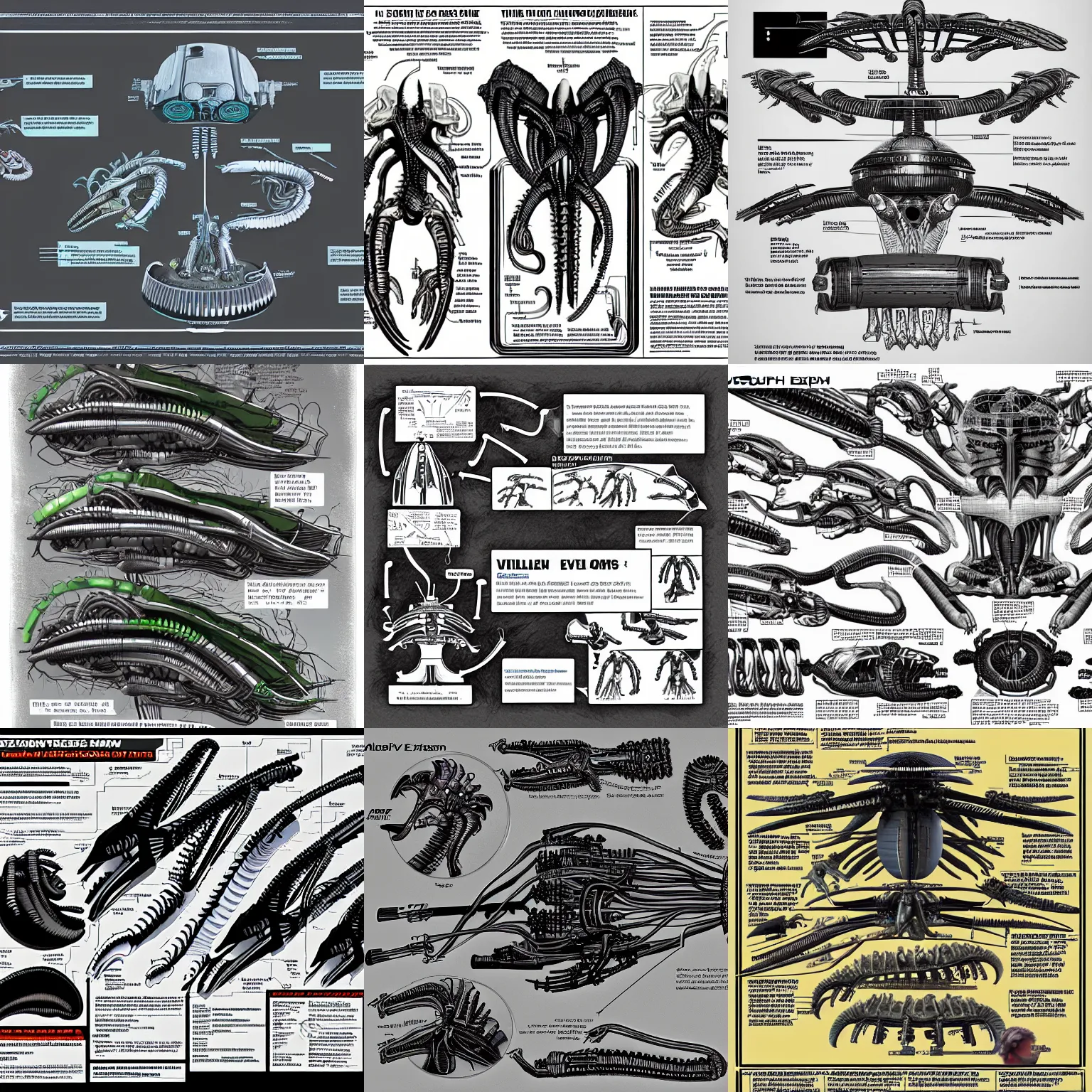 Prompt: aliens movie xenomorph exploded view diagram.