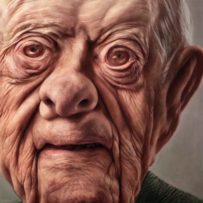 Image similar to hyperrealistic close up studio portrait of aging old Jimmy Carter age 103 wrinkled sorrowful, oil painting by Ivan Albright and Lucian Freud and Ron Mueck, trending on artstation Studio lighting hyperrealism