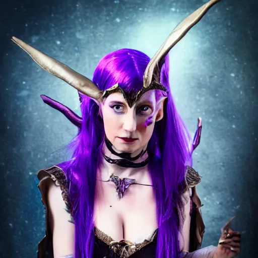 Image similar to high quality photograph of a woman cosplaying as a half-elf sorceress, purple hair, 35 years old, magical chaotic lights dance around her, dark and ominous background