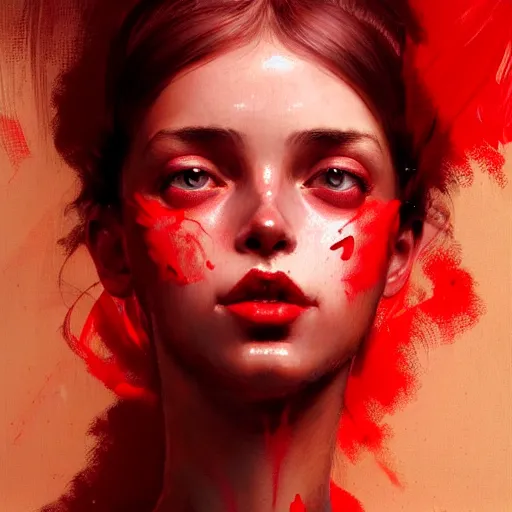Prompt: Portrait of a girl with vibrant red background, face, fantasy, intricate, elegant, highly detailed, digital painting, artstation, concept art, smooth, sharp focus, illustration, art by Heady Tale and Francis Bacon and Artem Demura and Norman Rockwell