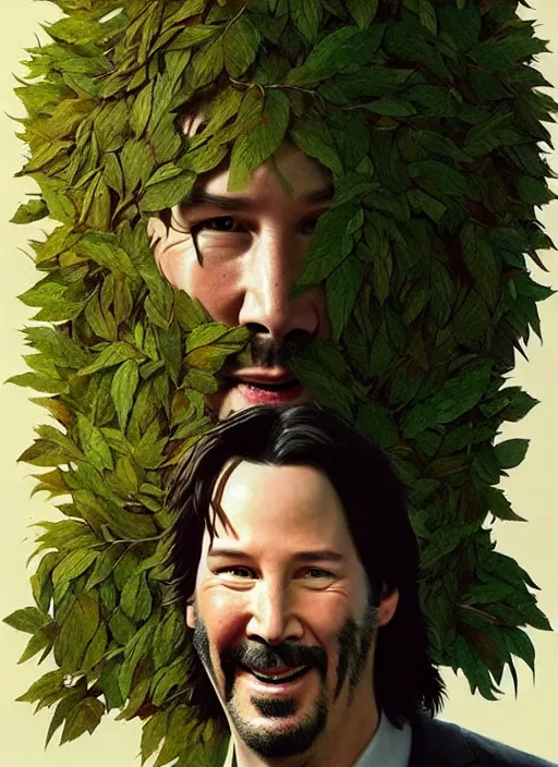 Image similar to highly detailed comedy caper movie poster with silly wacky zany keanu reeves as a sentient pile of leaves, keanu reeves green face as tree sentient leafy bush by greg rutkowski, masterpiece, really funny, 1 0 / 1 0 comedy