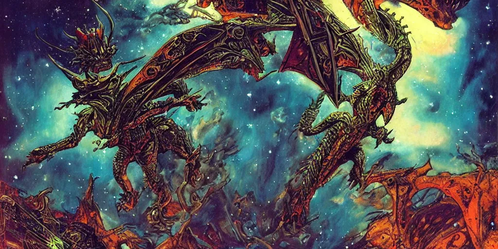 Image similar to an alien dragon flying through outer space, epic nebula, style of philippe druillet art