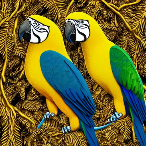 Image similar to parrots wearing golden rings and necklaces, with rap cap on head, rapping and sitting on golden trees, rap scene, musical concert concept art, trending on artstation, highly detailed, digital art, 8 k