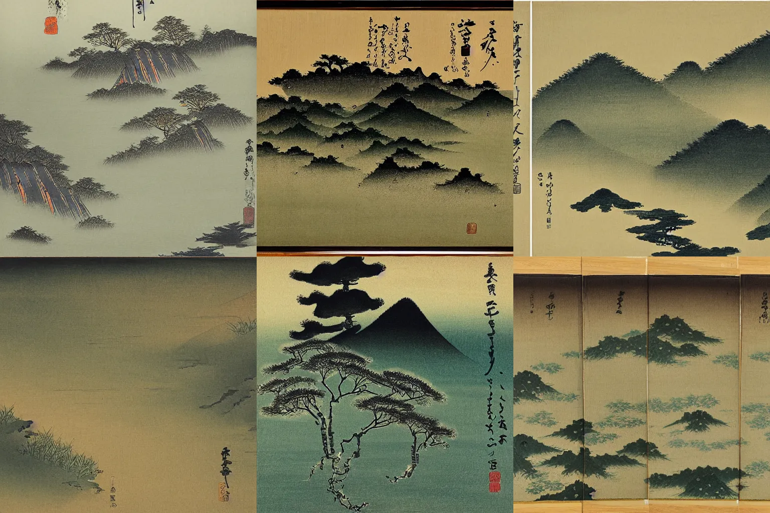 Prompt: landscape by shiokawa bunrin, 1 9 th century # nihonga acrylic ink drop photography art