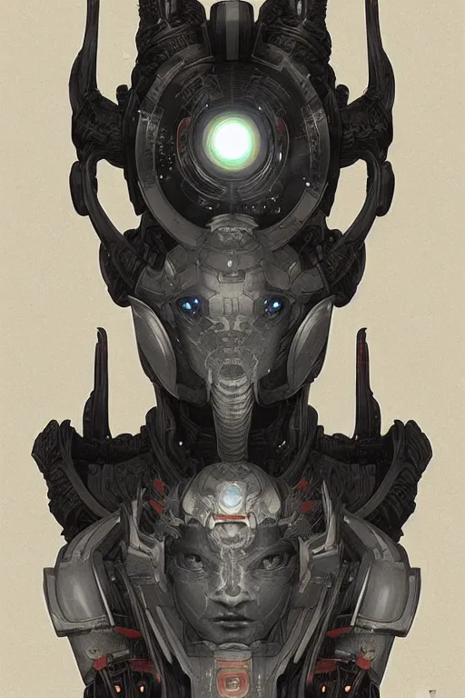 Image similar to detailed portrait of an organic scifi gadget, asura from chinese myth, ghost, mecha, symmetrical. sci - fi, tech wear, exterior, organic ornaments, brutal archi, bouguereau, minoru nomata